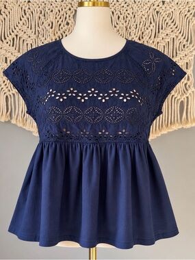 crown & ivy Navy Eyelet Peplum Blouse